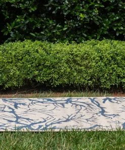 Coupon 👍 Rug Unique Loom Outdoor Botanical Beige/Navy Blue Runner 2' 0 X 6' 0 🌟