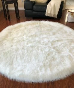 New ๐ Lambzy Super Soft Faux Sheepskin Silky Shag Rug, White, 6' Round โ