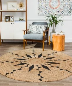 Outlet ❤️ Anji Mountain Jute Round Tribal Line Black Print, 6' Round 😀