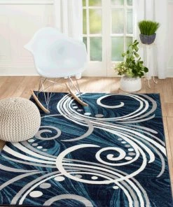 Promo 🤩 Rug And Decor Inc. / Summit Collection Summit Navy Blue Abstract Swirl, Area Rug [Design H61], 7'4"x10'6" 🧨