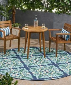 Best Sale 🔥 GDFStudio GDF Studio Sage Outdoor Floral Area Rug, Blue And Green, 7'10" Round 🤩
