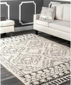 Cheap 🎁 NuLOOM Moroccan Shag Tribal Chevron Tassel Area Rug, Off-White, Off White, 6'7"x9' 😍